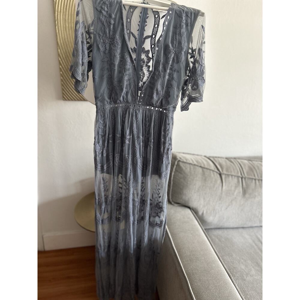 Honey Punch Dusty Blue Lace Maxi Dress M Romper Overlay Embroidered Femenine